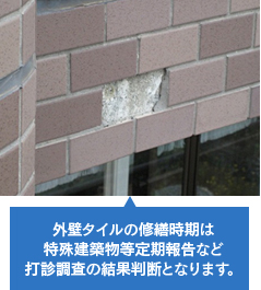 外壁タイルの修繕時期は特殊建築物等定期報告など打診調査の結果判断となります。
